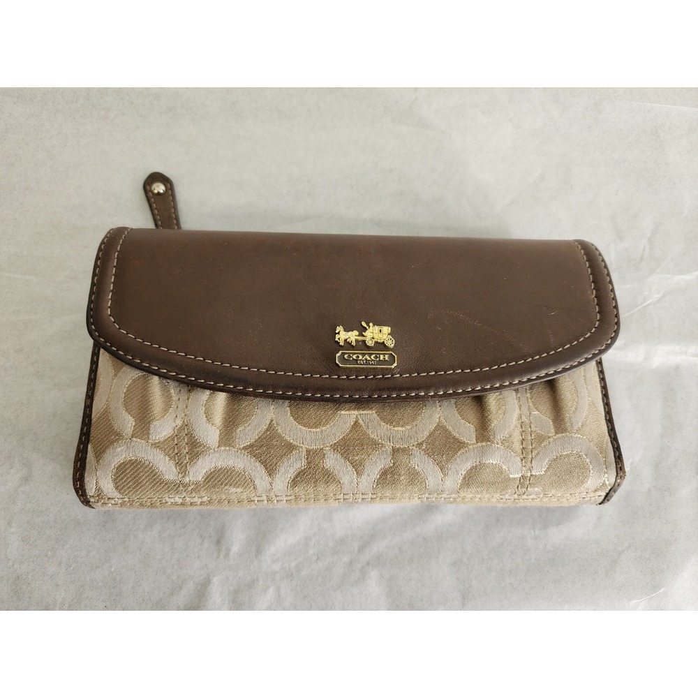 Coach Signature Jacquard Trifold Wallet Brown Tan Leather Horse Carriage Logo